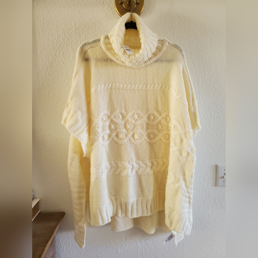 LOFT Shawl Sweater Size M/L Cream Chunky Knit Oversized Pullover Turtleneck